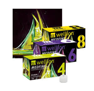 Die extra feinen Wellion MEDFINE Plus Pennadeln mit Facetten-Schliff und der dünnen Silikonbeschichtung für eine mühelose Gleitfähigkeit, bieten maximalen Komfort. Der erweiterte Innendurchmesser ermöglicht einen optimalen Insulinfluss. Verschiedene Größen. 4mm, 5mm, 6mm, 8mm, 10mm und 12mm. Foto