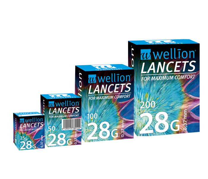 Wellion LANCETS 28G - Lanzetten für die besonders schonende Blutgewinnung. Schutzkappe und perfekter Schliff für möglichst schmerzarme Blutentnahme. 50, 100 and 200 pieces. Picture